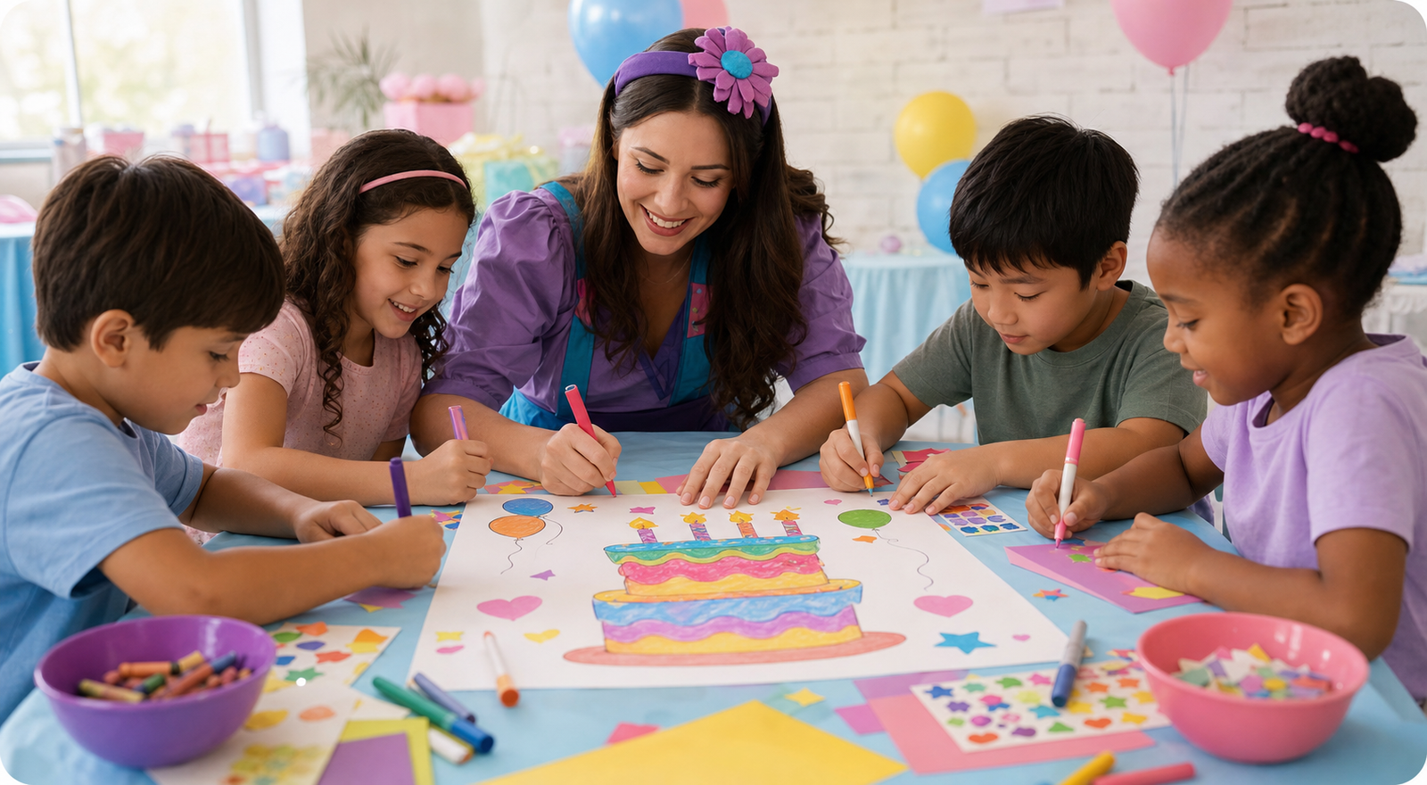 Children creating a birthday card together