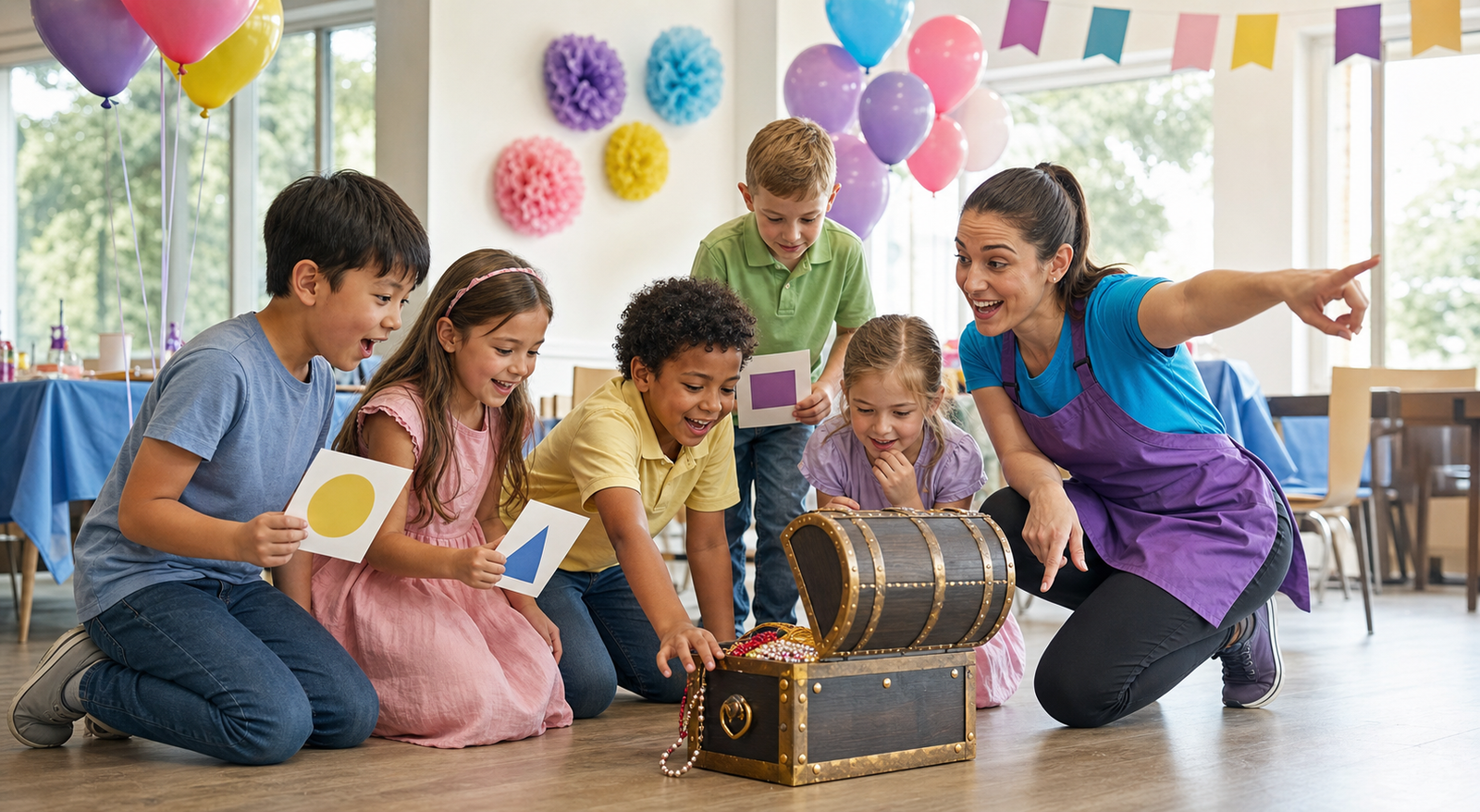Children participating in a birthday treasure hunt
