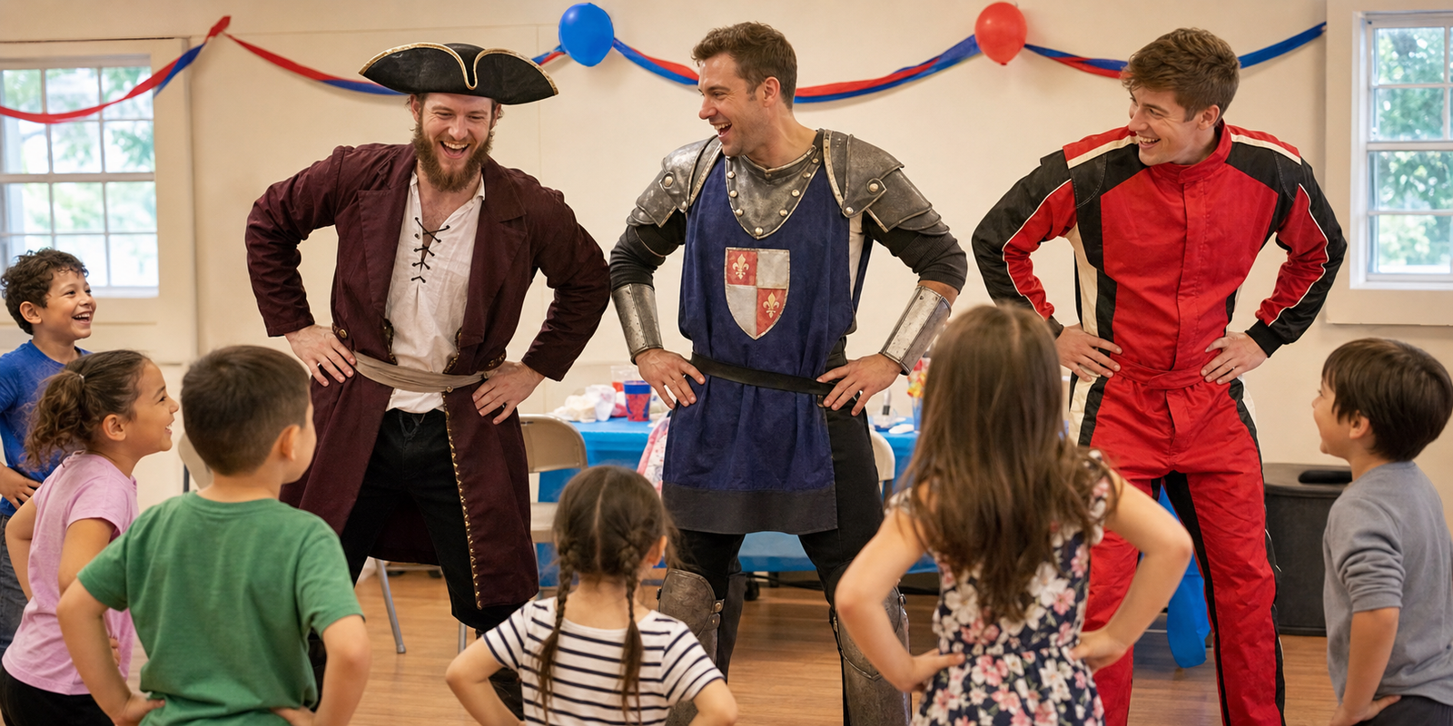 Pirate, knight and race-car entertainers at a children's party