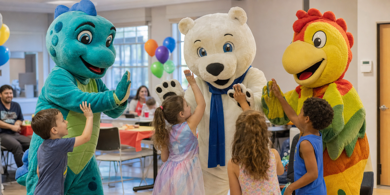 Friendly mascot entertainers high-fiving children