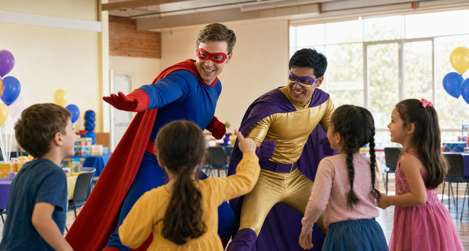 Superhero entertainers celebrating with children