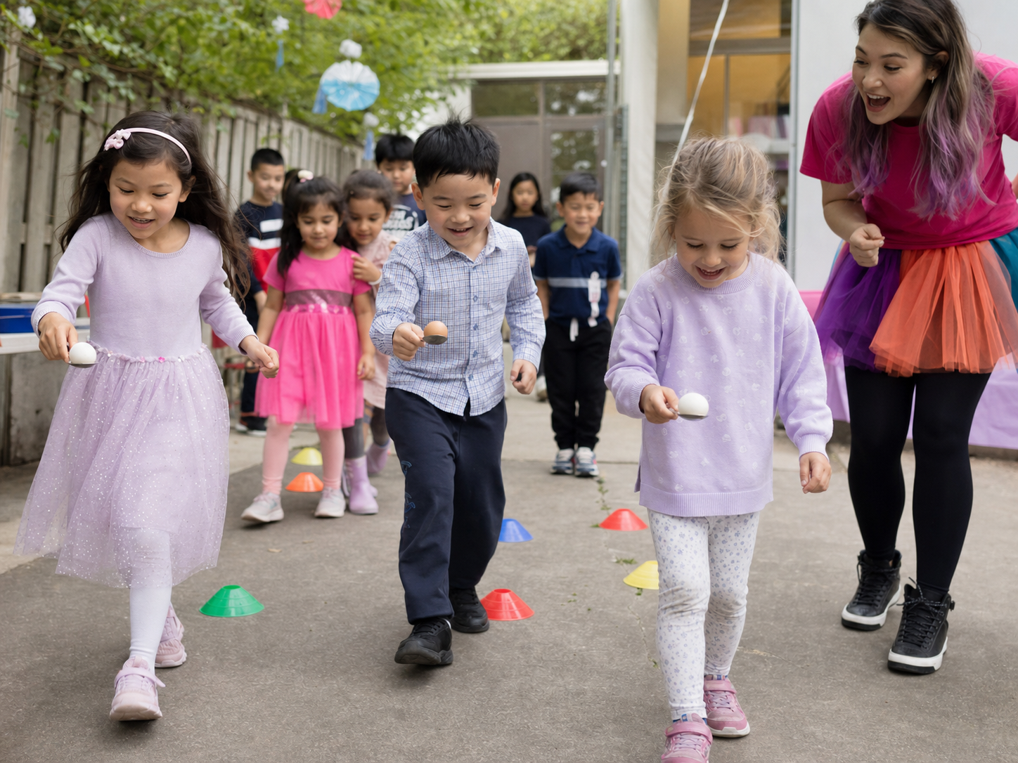 Children playing an egg and spoon race