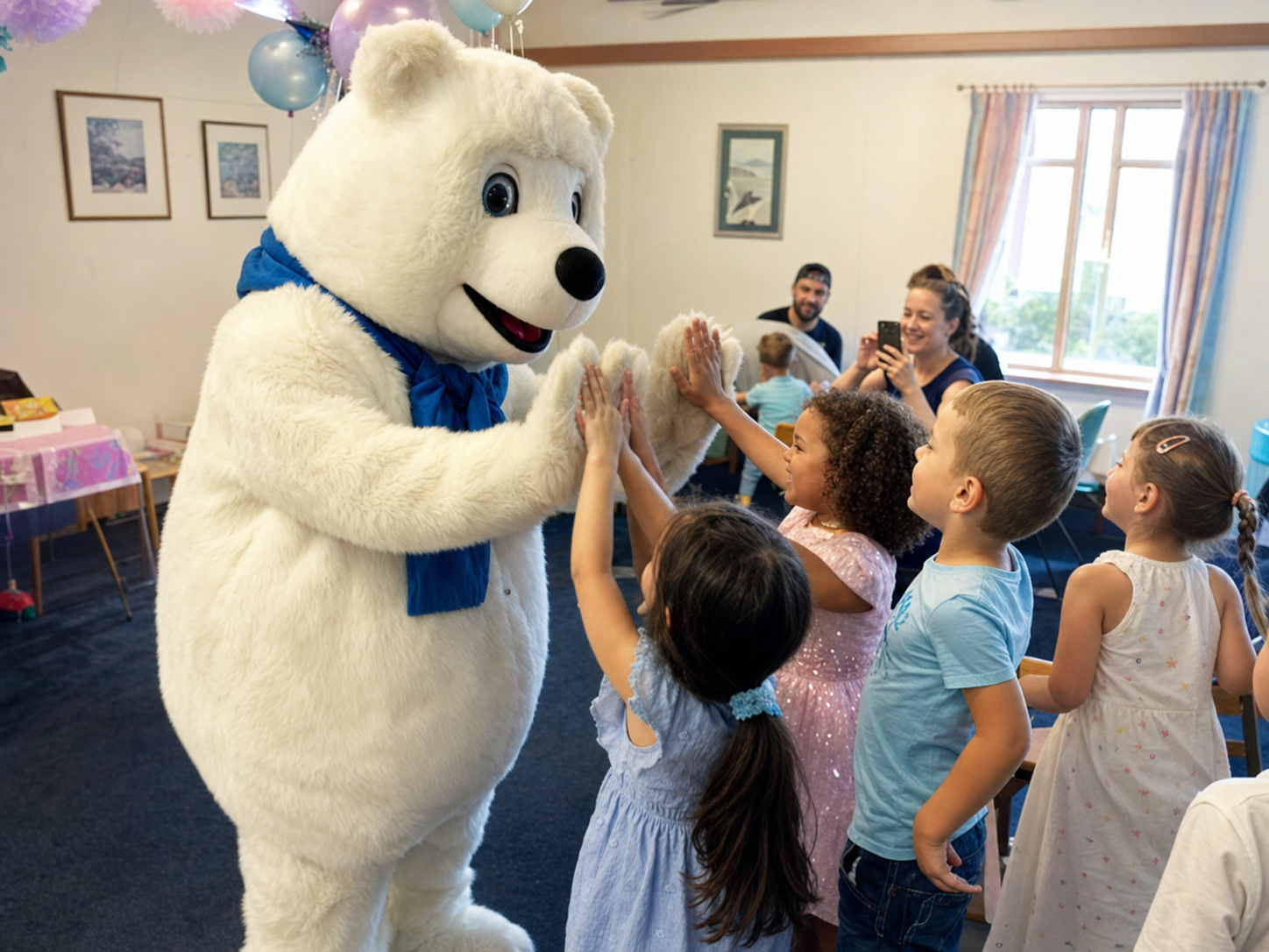 Polar bear mascot greeting children