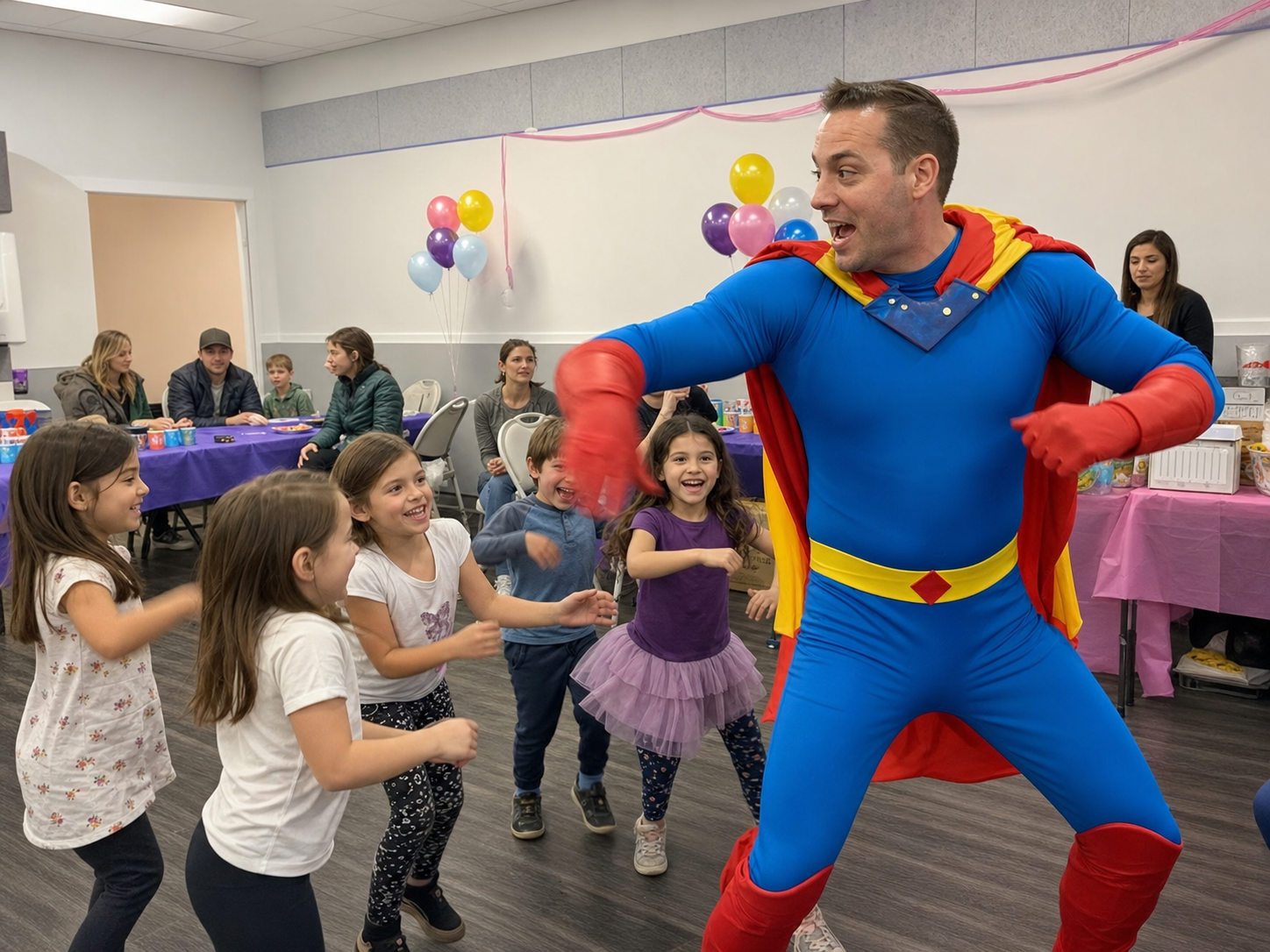 Costumed entertainer leading a birthday activity