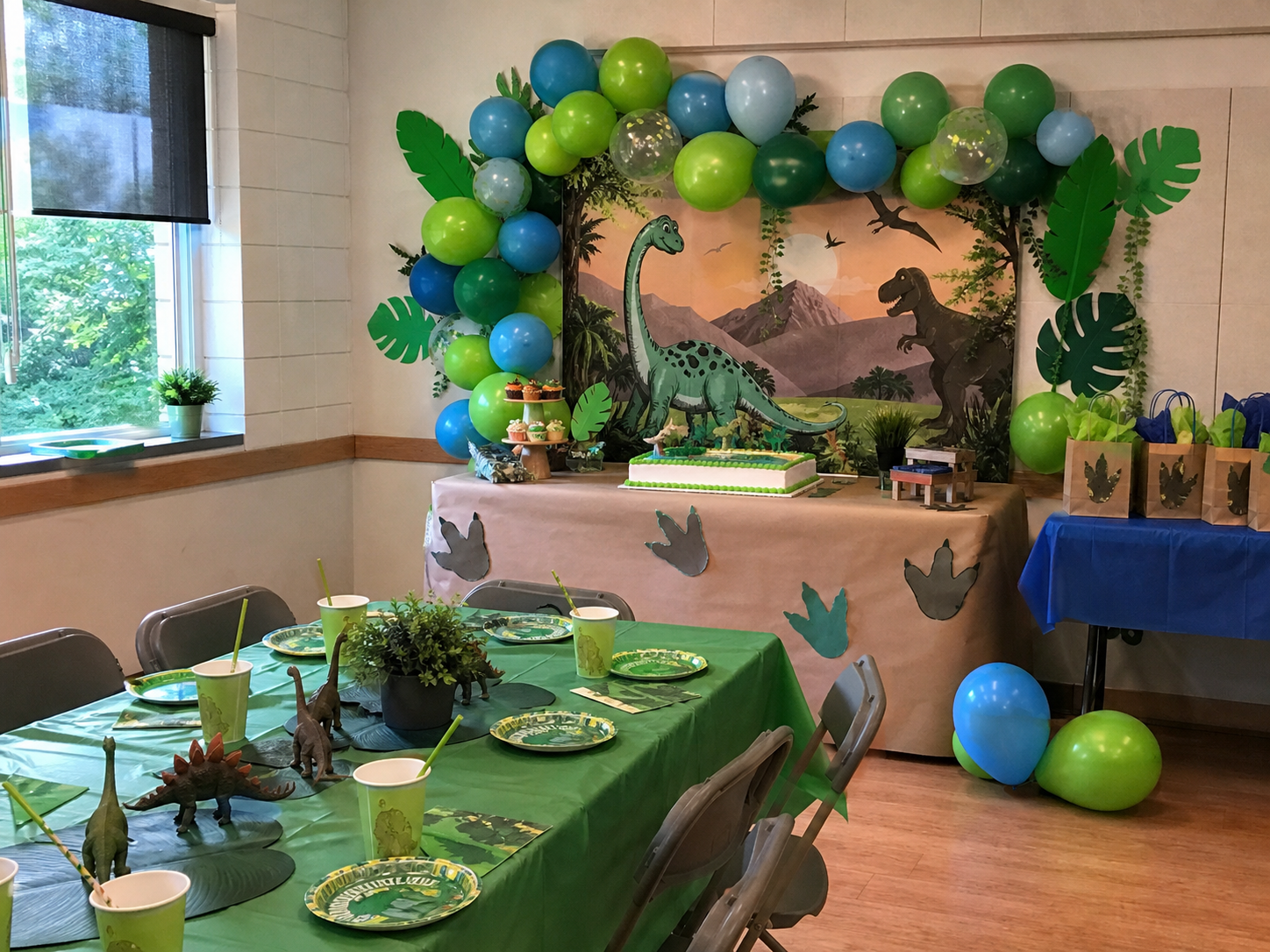 Dinosaur-themed birthday setup