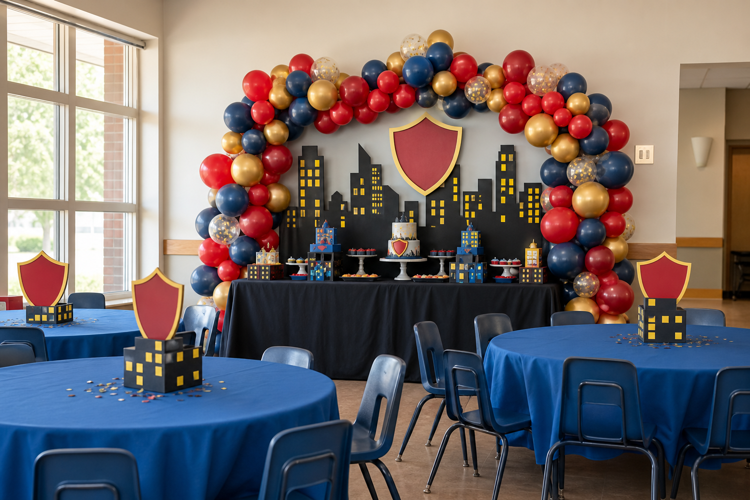 Blue, red and gold adventure birthday party decorations