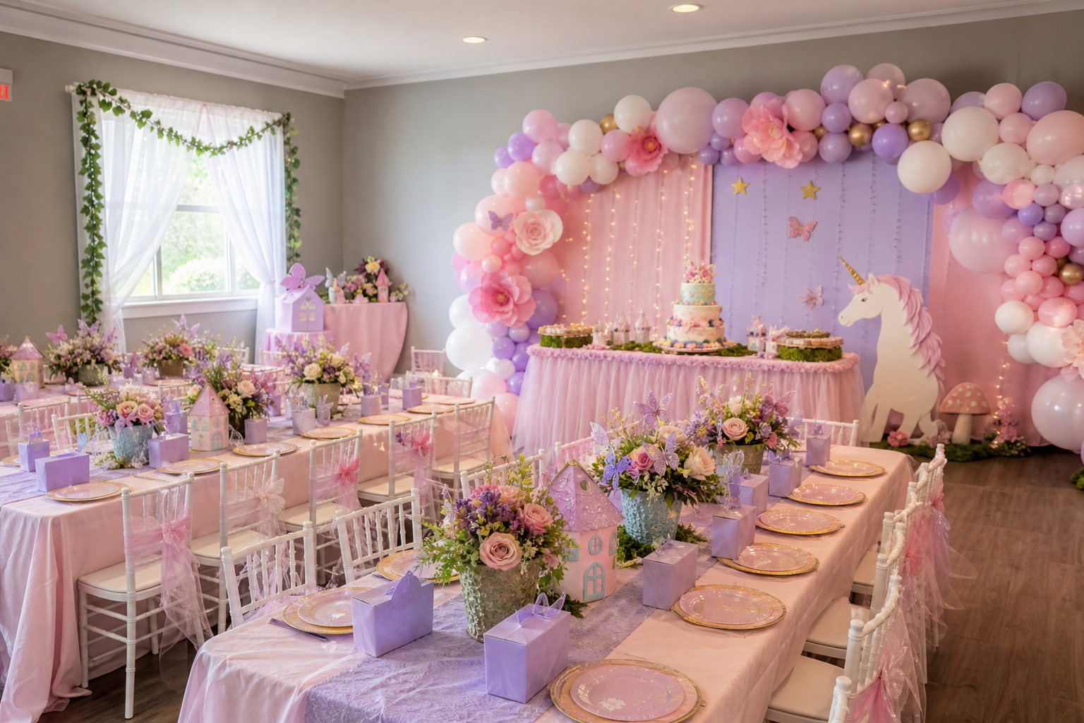 Pink and purple fantasy birthday party decorations